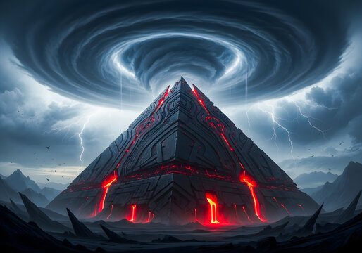 Colossal alien pyramid with glowing lava under stormy sky