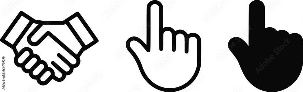 Poster illustrative graphics depicting collaboration and interaction a handshake and two pointer hand icons