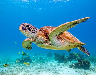 Fototapeta premium A magnificent sea turtle glides gracefully through the crystal-clear turquoise waters of the ocean, swimming above a sandy seafloor with small fish.