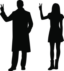 Peace sign silhouette, man woman silhouette, peace gesture, hand sign vector, standing silhouettes, peace symbol pose, black silhouette couple