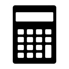 Black and white illustration of a classic calculator with rounded buttons