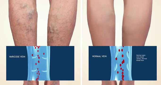 Varicose veins on a female senior legs. The structure of normal and varicose veins. Concept of dry skin, old senior people, varicose veins and deep vein thrombosis or DVT - 2D animation