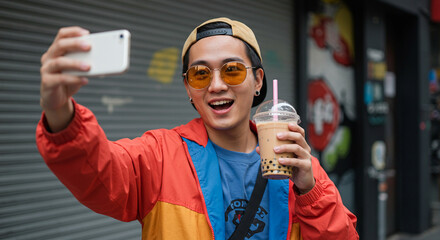 Urban food vlogger holding a bubble tea and posing for a selfie