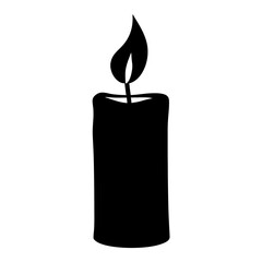 Black Candle Flame Icon on White Background, Minimalist black silhouette of a lit candle with flame, isolated on white background, ideal for icons or symbolic use.
