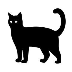Black cat silhouette with glowing eyes, standing tall on a white backdrop