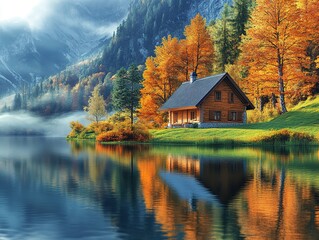 Fototapeta premium Autumn Lake Cabin in Mountainous Forest Scenery