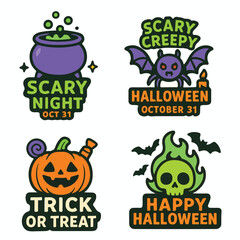 Obraz premium Halloween vector set with bubbling cauldron, creepy bat, pumpkin jack-o’-lantern, and flaming skull — perfect for stickers, t-shirt prints, posters, invitations, and social media decoration