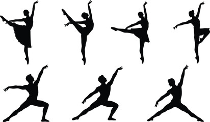 Ballet dancer silhouettes in graceful poses, male and female performers, cad drawing flat vector illustration, expressive classical dance art for creative projects and design us