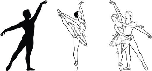 Elegant ballet dancers in graceful poses, male and female performers in line art and silhouette, cad drawing flat vector illustration for design and creative projects © Masum Creatives
