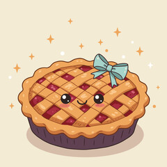 Cute cartoon pie with a blue bow and smiling face on beige background  