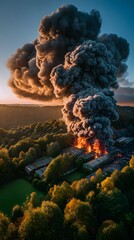 Aerial view of fire and smoke over forest landscape disaster emergency scene