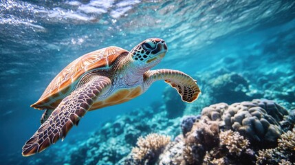 Fototapeta premium Sea turtle swimming amidst a coral reef.