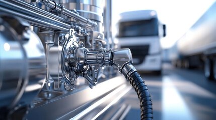 Obraz premium a modern filling station pump, showing intricate details of the nozzle and hose, with trucks softly blurred in the background. 3d illustration.