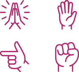 Four Iconic Hand Gesture Illustrations Prayer Open Hand Pointing Fist in a Clean Minimalist Design With Purple Lines