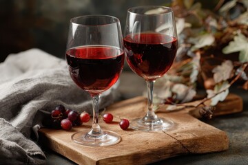 Elegant glasses of red wine on a rustic wooden table complemented by grapes and greenery in a cozy setting