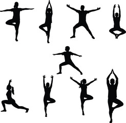 Silhouettes of people performing yoga poses, stretching, meditation, fitness exercises, balance, wellness, body movement, calmness, healthy lifestyle, mindfulness, vector art, cad drawing flat