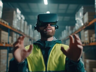 Logistics worker exploring augmented virtual reality interface in industrial distribution center, smart logistics, warehouse management system and modern supply chain digital transformation concept.