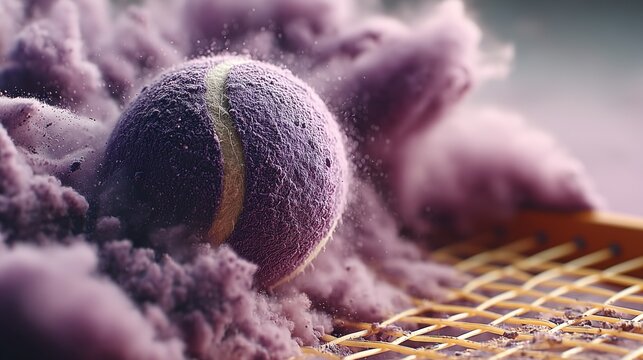 purple tennis ball hitting yellow racket with powder explosion impact