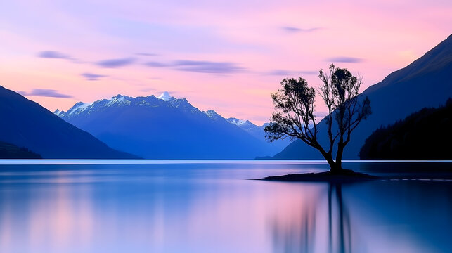 Serene landscape of a lone tree on a lake with mountains at dawn for themes of tranquility, travel, and environmental conservation - Powered by Adobe