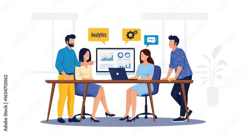 Poster Flat illustration of a business team collaborates around a table, analyzing data and discussing strategies on a computer