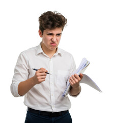 Young caucasian male teen holding papers and pen with frustrated expression. Cut out PNG