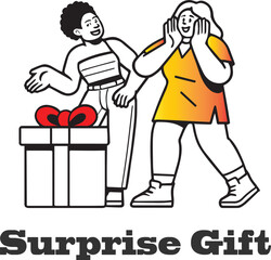 Excited people receiving a surprise gift present celebration