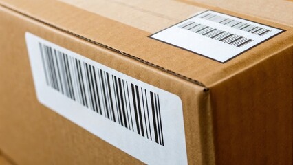 Tax and tariff for goods concept. A close-up view of a cardboard box featuring barcodes and shipping labels.