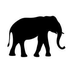 Elephant silhouette icon for wildlife or nature themes, Black silhouette of a walking elephant with trunk extended, commonly used in wildlife, safari, zoo, or conservation-related designs and content.