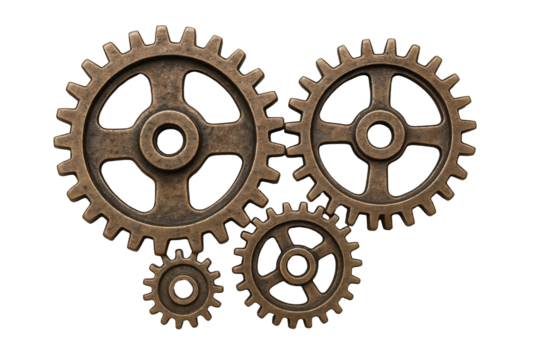 Interlocking Bronze Gears Symbolizing Mechanical Engineering, Teamwork, and Industrial Progress