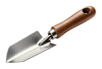 Fototapeta premium Stainless steel garden trowel with wooden handle for planting and gardening. Cut out PNG