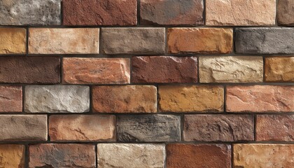 Fototapeta premium A textured brick wall background featuring a rustic pattern of multicolored bricks in various earthy tones