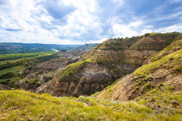 Panoramic view of Missouri vista at River Bend Overlook Trail in Roosevelt National Park