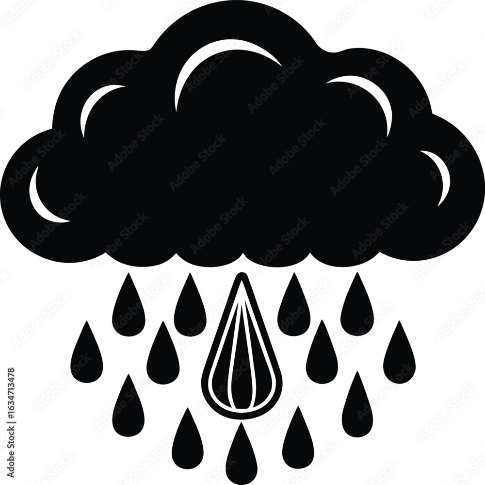 Poster illustration of a rain cloud with many raindrops falling down creating a moody and atmospheric weath