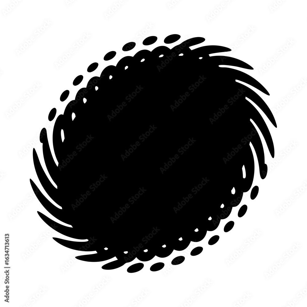 Poster abstract black swirl design with sharp edges and rounded dotted rim.