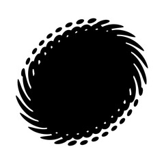 Abstract black swirl design with sharp edges and rounded dotted rim.