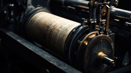 Fototapeta premium a cinematic shot of a printing press stylized, on black background. 3d illustration