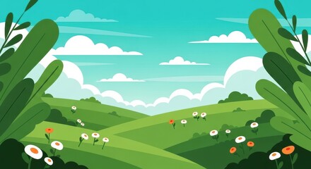 Flat illustration of a beautiful landscape of rolling green hills dotted with wildflowers under a blue sky with fluffy clouds