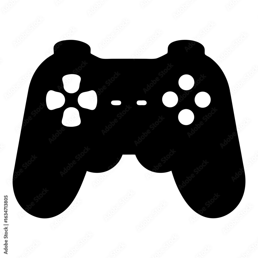 Poster black video game controller icon with four buttons and directional pad