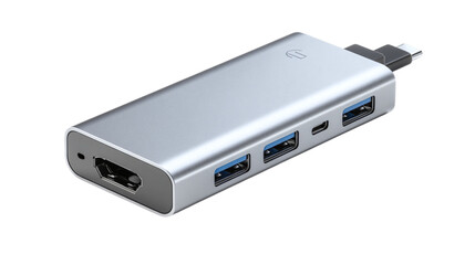 Silver USB-C Hub with Ports, isolated on transparent background