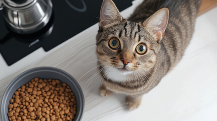 a cat eats dry food from a bowl top view. The cat sits near a bowl full of dry food and looking at camera.
