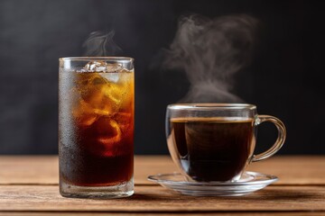 Iced coffee  hot coffee in clear glass on a wooden surface set against a dark backdrop steaming