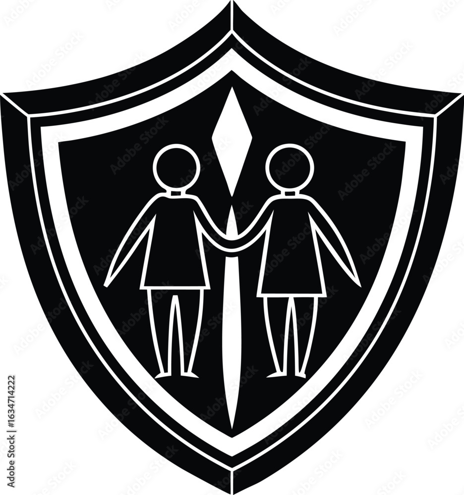 Poster vector art of stylized shield emblem featuring two figures holding hands representing unity and supp