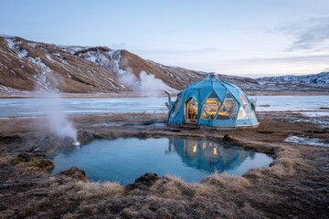 Dome-shaped cabin by a glacial hot spring
