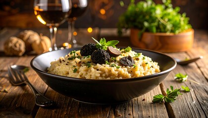 Creamy risotto garnished with black truffles, served in a dark bowl on a rustic wooden table, alongside wine glasses and fresh herbs