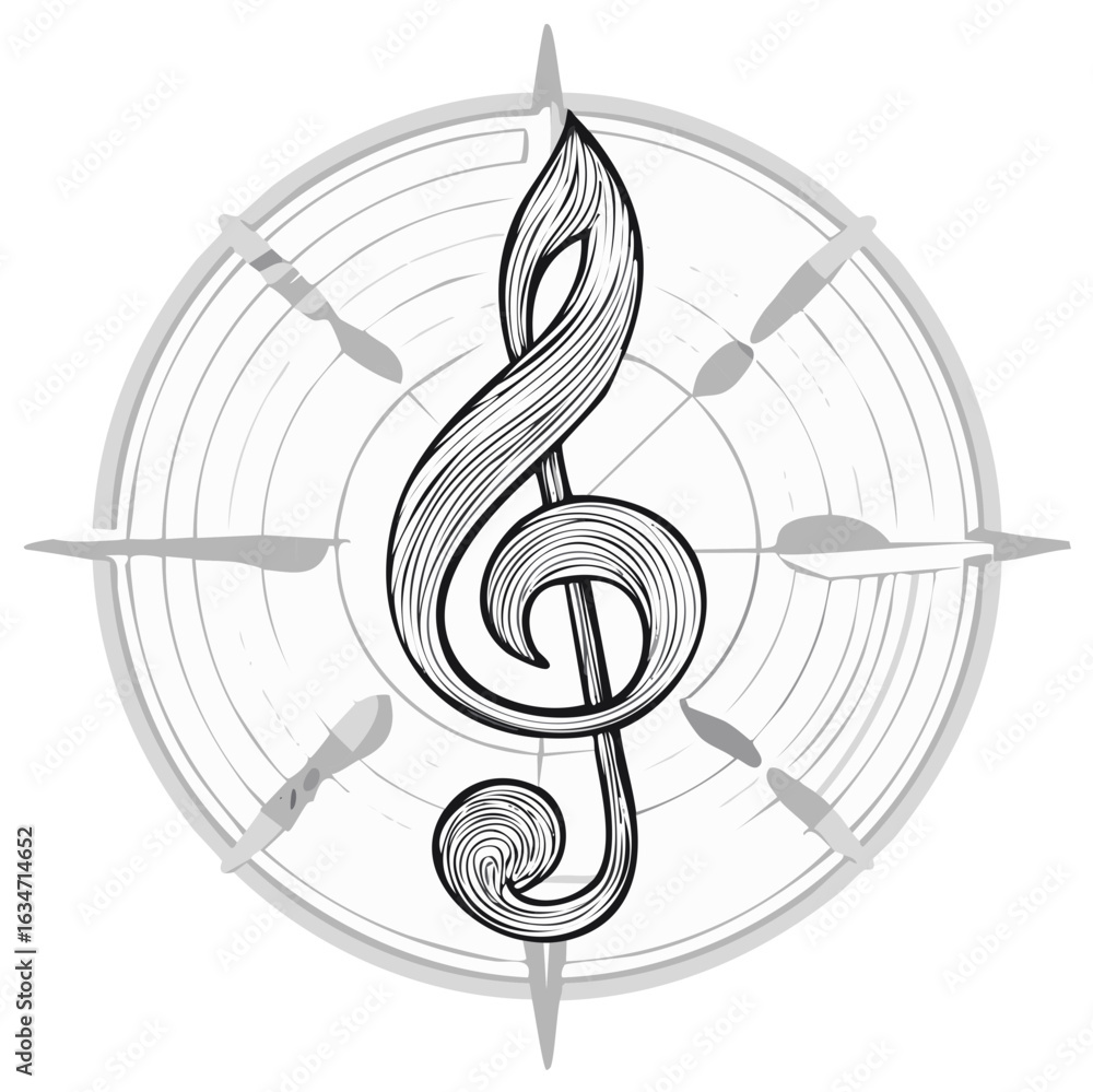 Poster treble clef music symbol with circular record and creative art elements design
