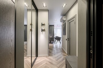 modern hallway features a mirrored closet, herringbone wood floor, and minimalist decor. A dining area is visible in the background