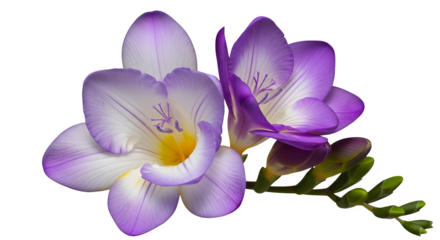 Two freesia flowers with purple and white petals    .ai generative, transparent background, white background. isolated on white background, png, jpeg, jpg.