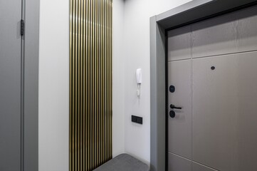 entryway features a gray front door, a gray interior door, a white wall with gold accent bars, and...