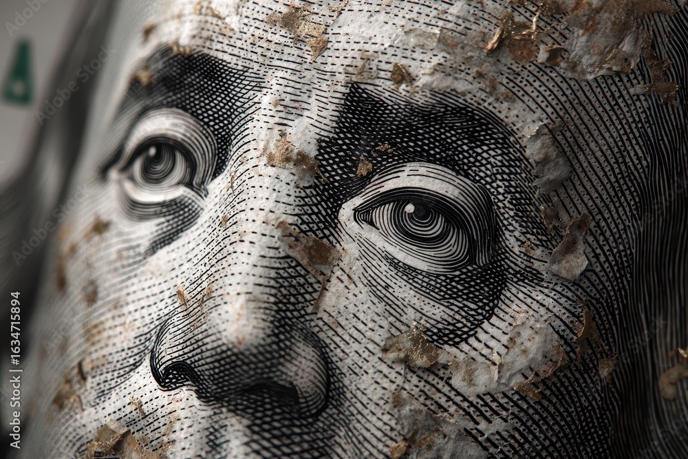 Poster realistic money print effect showcasing intricate details of currency under close-up examination wit