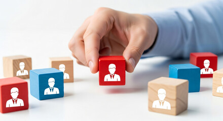 Man's hand holding a red building block. Employment choice and human resources. Candidate selection for business.